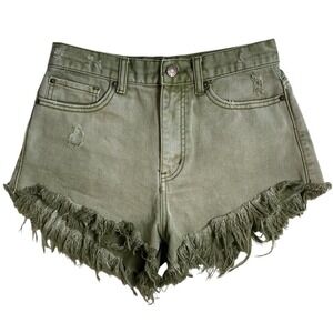 BDG Urban Outfitters High-Rise Cheeky Frayed Denim Festival Shorts Size 28 Olive